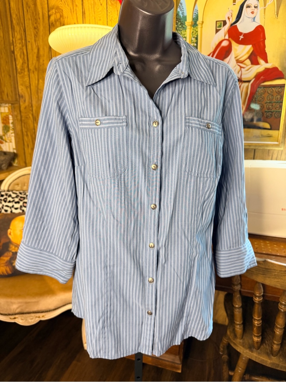 croft & barrow Blue and White Striped Button-Down Shirt